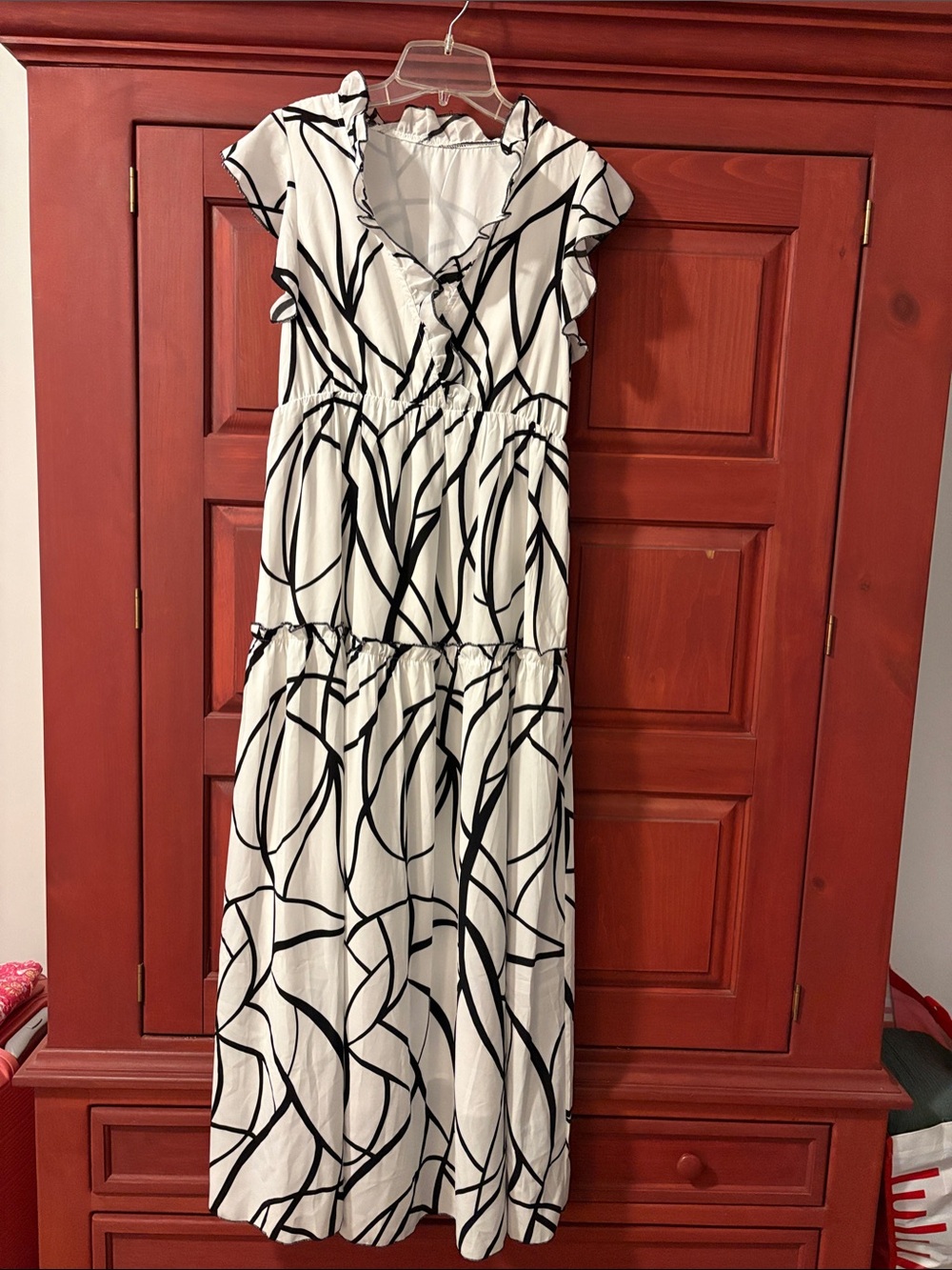 White & Black Abstract Print Tiered Maxi Dress